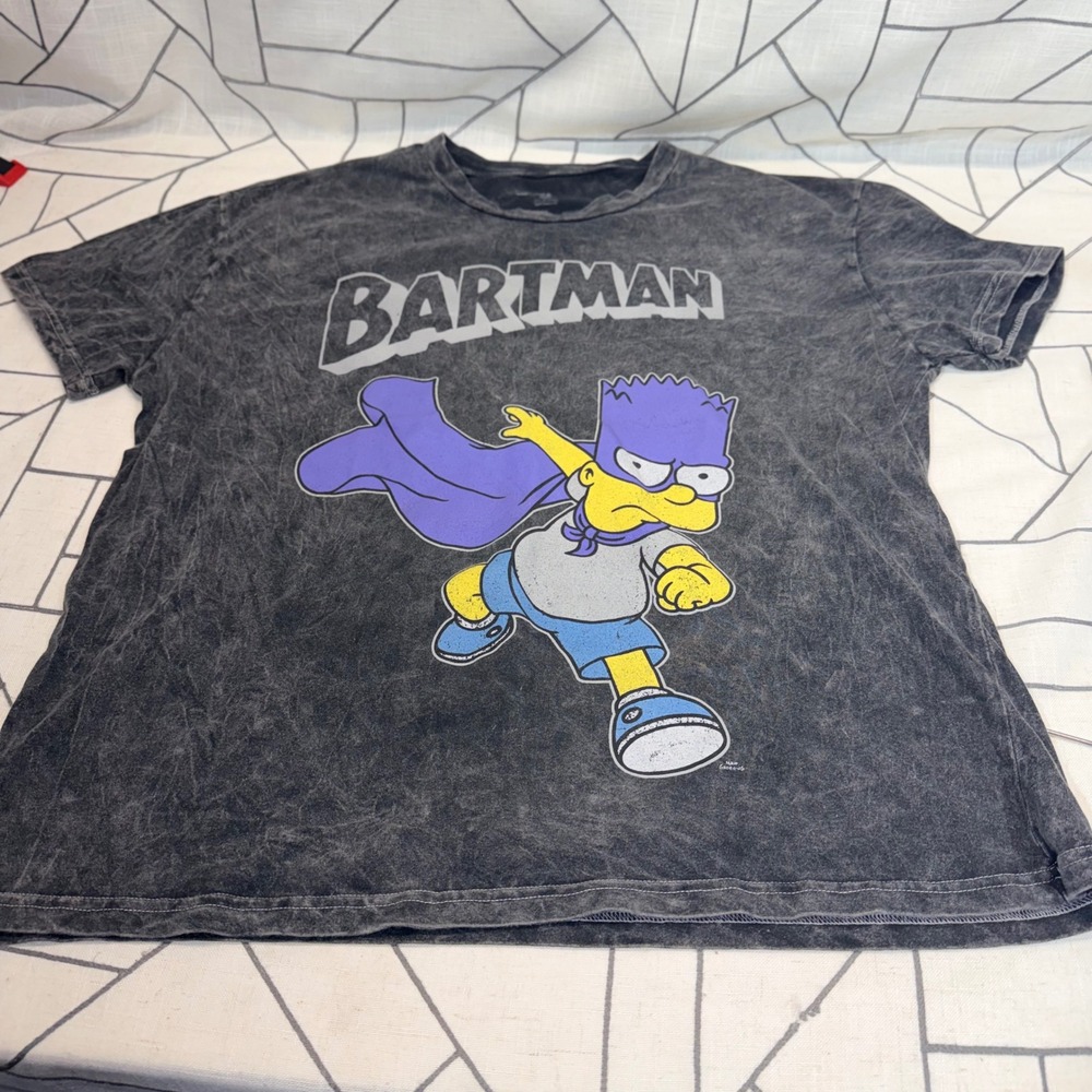 The Simpsons Bartman T-Shirt XL Grey Acid Wash Graphic Tee Bart Simpson Shirt